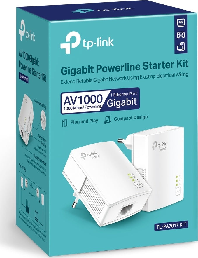 TP-LINK (TL-PA7017P KIT) AV1000 GB Powerline Adapter Kit, 1-Port, AC Pass Through