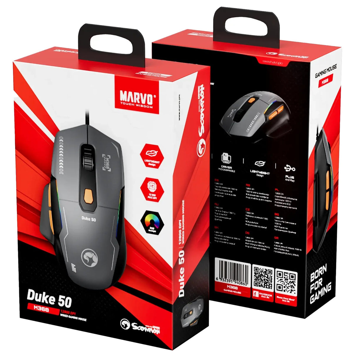 Marvo Duke 50 M368 Wired Gaming Mouse, 6 DPI levels (800 - 12800), 1000Hz Polling Rate, 13 Mode RGB Backlighting, 68g