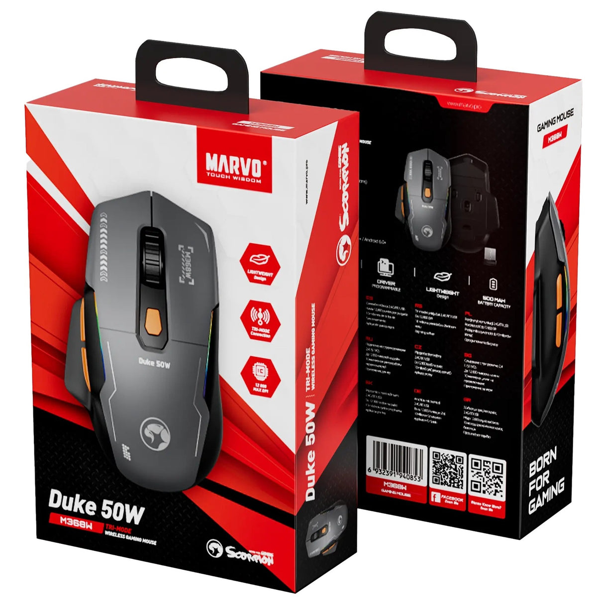 Marvo Duke 50 M368W Wireless Gaming Mouse, Tri-Mode Connectivity USB, 2.4GHz & Bluetooth, 6 DPI levels (800 - 12800), 1000Hz Polling Rate, 13 Mode RGB Backlighting, 79g
