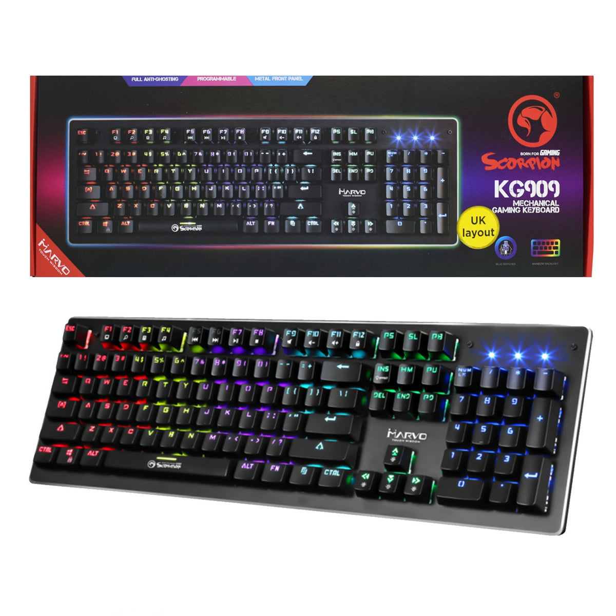 Marvo Scorpion KG909 RGB LED Full Size Mechanical Gaming Keyboard with Blue Switches
