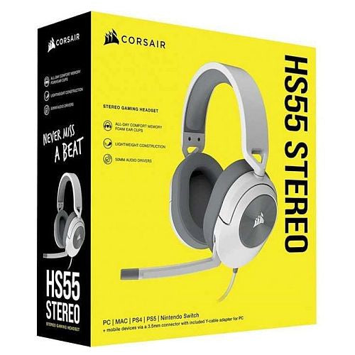 Corsair HS55 Stereo Gaming Headset, 3.5mm Jack, Lightweight, Flip-To-Mute Mic, Memory Foam Earpads, White new