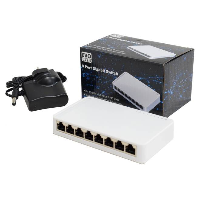 Evo Labs 8 Port 10/100 Mbps Fast Ethernet Network Switch with UK Power Supply (Retail Boxed)