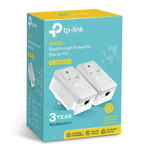 TP-LINK (TL-PA4010P KIT V4) AV600 10/100 Powerline Adapter Kit, 1-Port, AC Pass Through